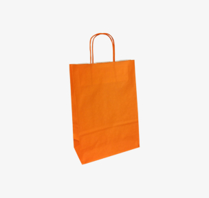 Oranžiniai popieriniai maišeliai su susuktomis rankenomis