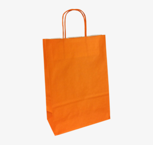 Oranžiniai popieriniai maišeliai su susuktomis rankenomis